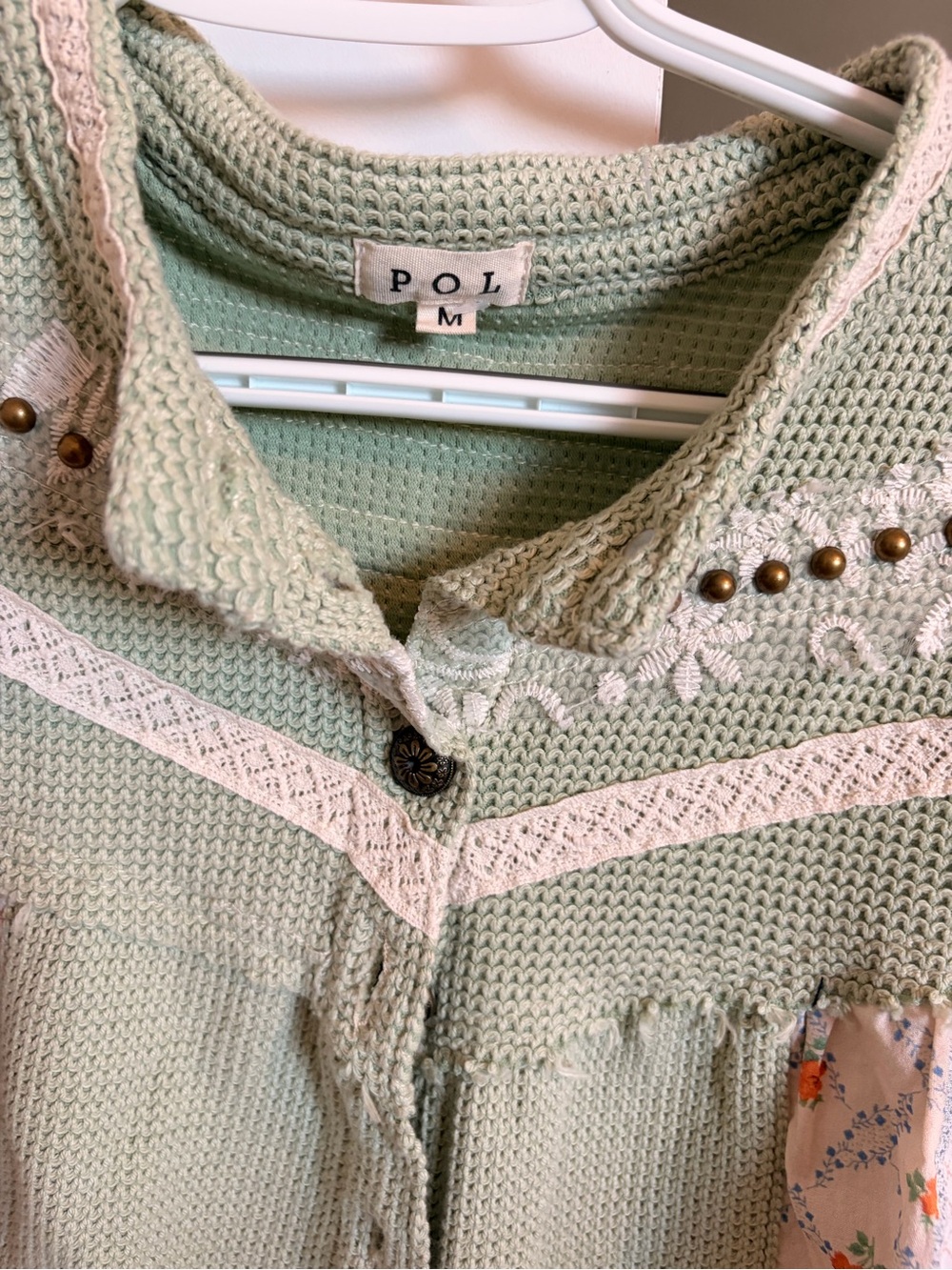 POL Mint Green Patchwork Knit Cardigan with Floral Panels - Picture 3 of 3